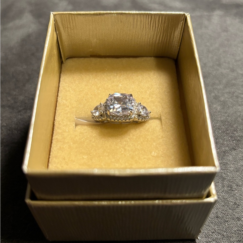 Elegant Silver Three Stone with Halos Women's Ring Size 7 New In Box